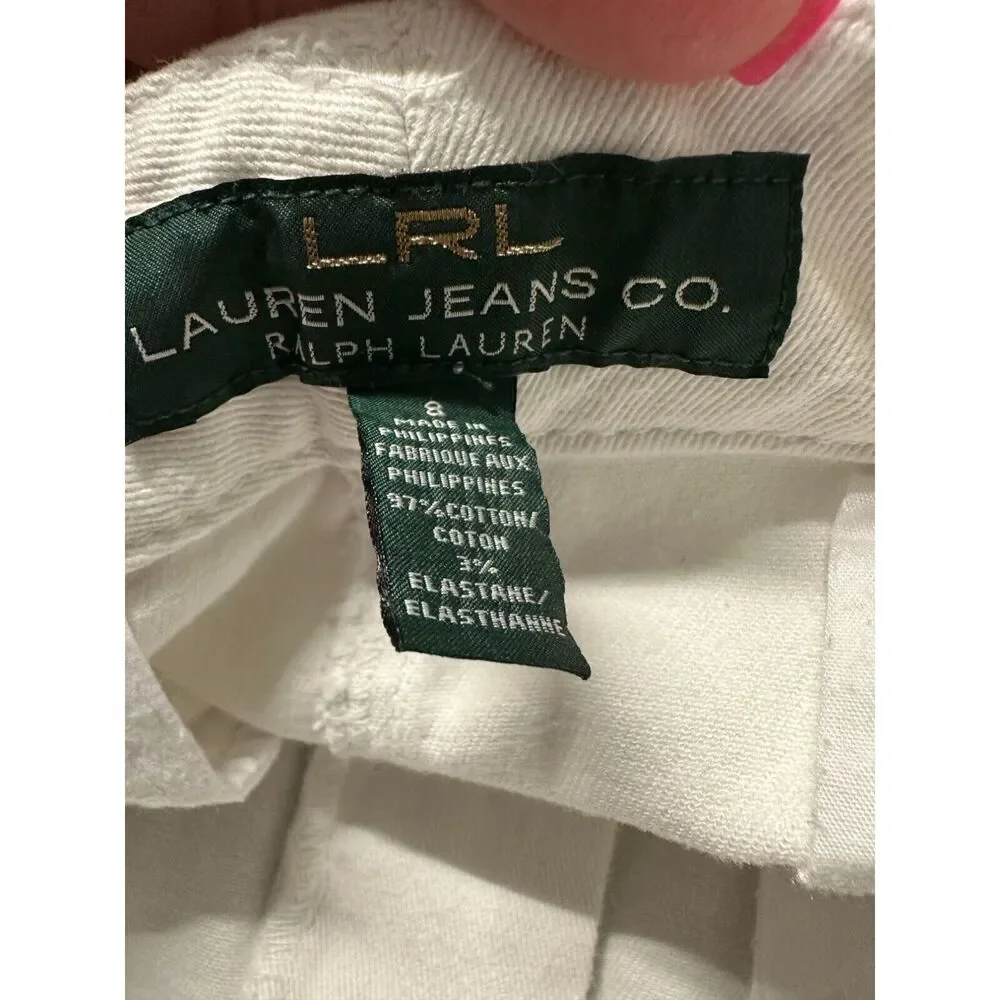 Lauren Ralph Lauren White Denim Mini‎ Skirt Zipper Pockets Size 8 Stretch Cotton